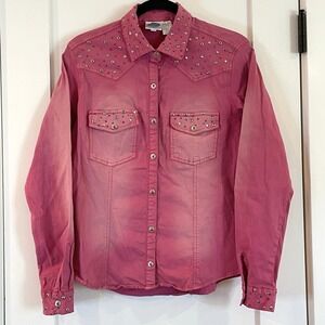 DG2 Diane‎ Gilman Distressed Pink Rhinestone Denim Shirt Light Jacket M Cowgirl